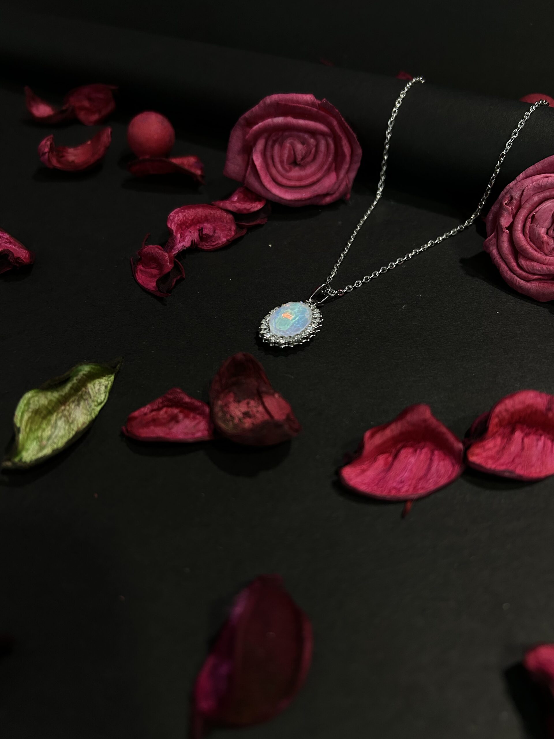 Oval Opal Halo Pendant Necklace - Image 3