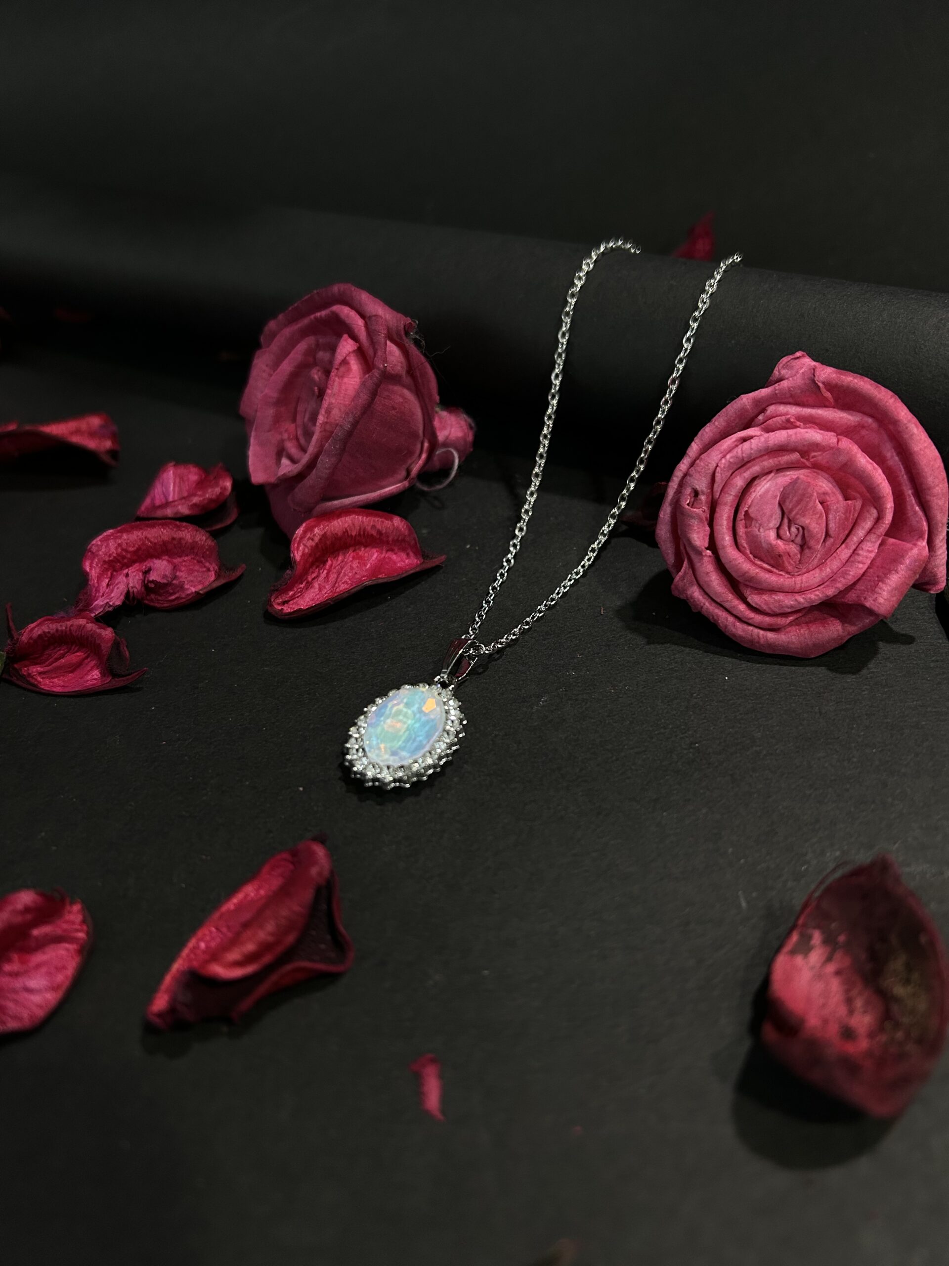 Oval Opal Halo Pendant Necklace