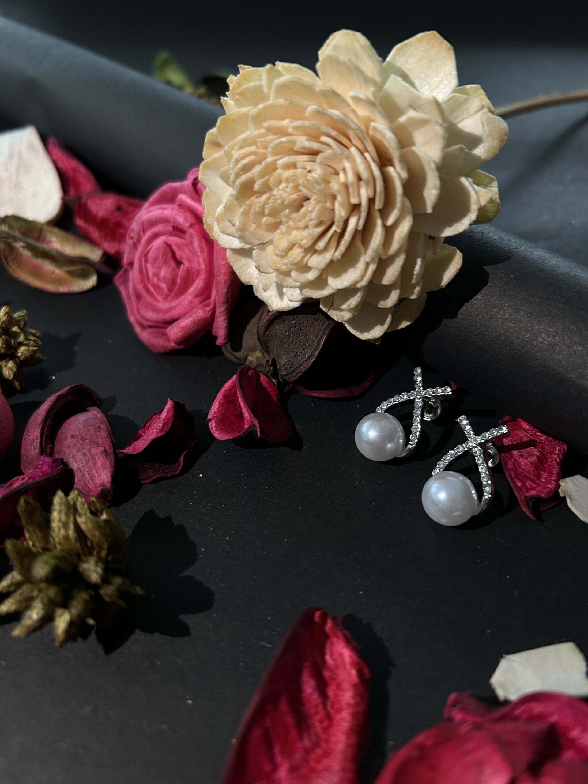 Pearl & Crystal X-Stud Earrings - Image 2