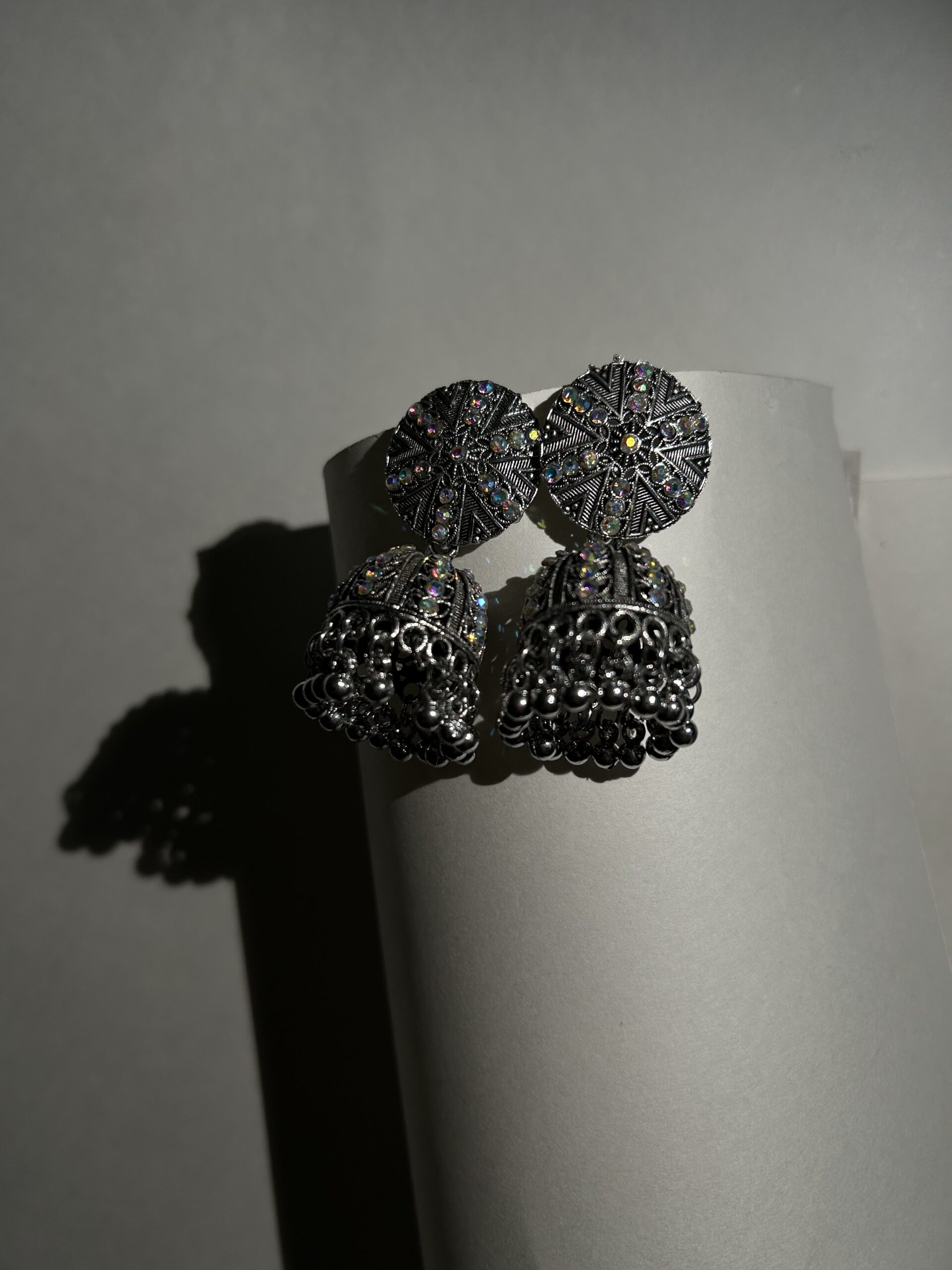 Bohemian Silver-Toned Oxidized Jhumkas with Multi-Color Stones - Image 4