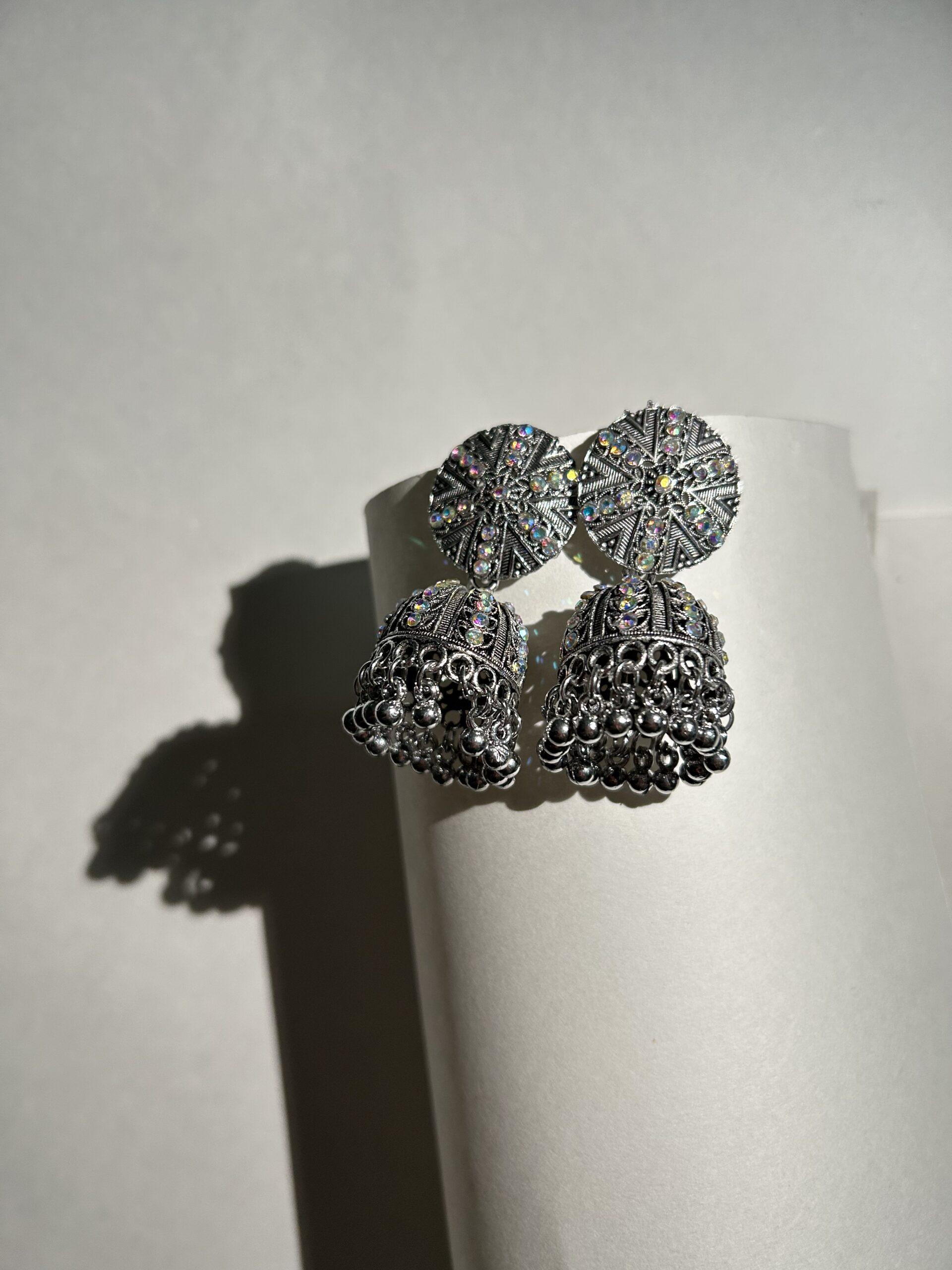 Bohemian Silver-Toned Oxidized Jhumkas with Multi-Color Stones - Image 3