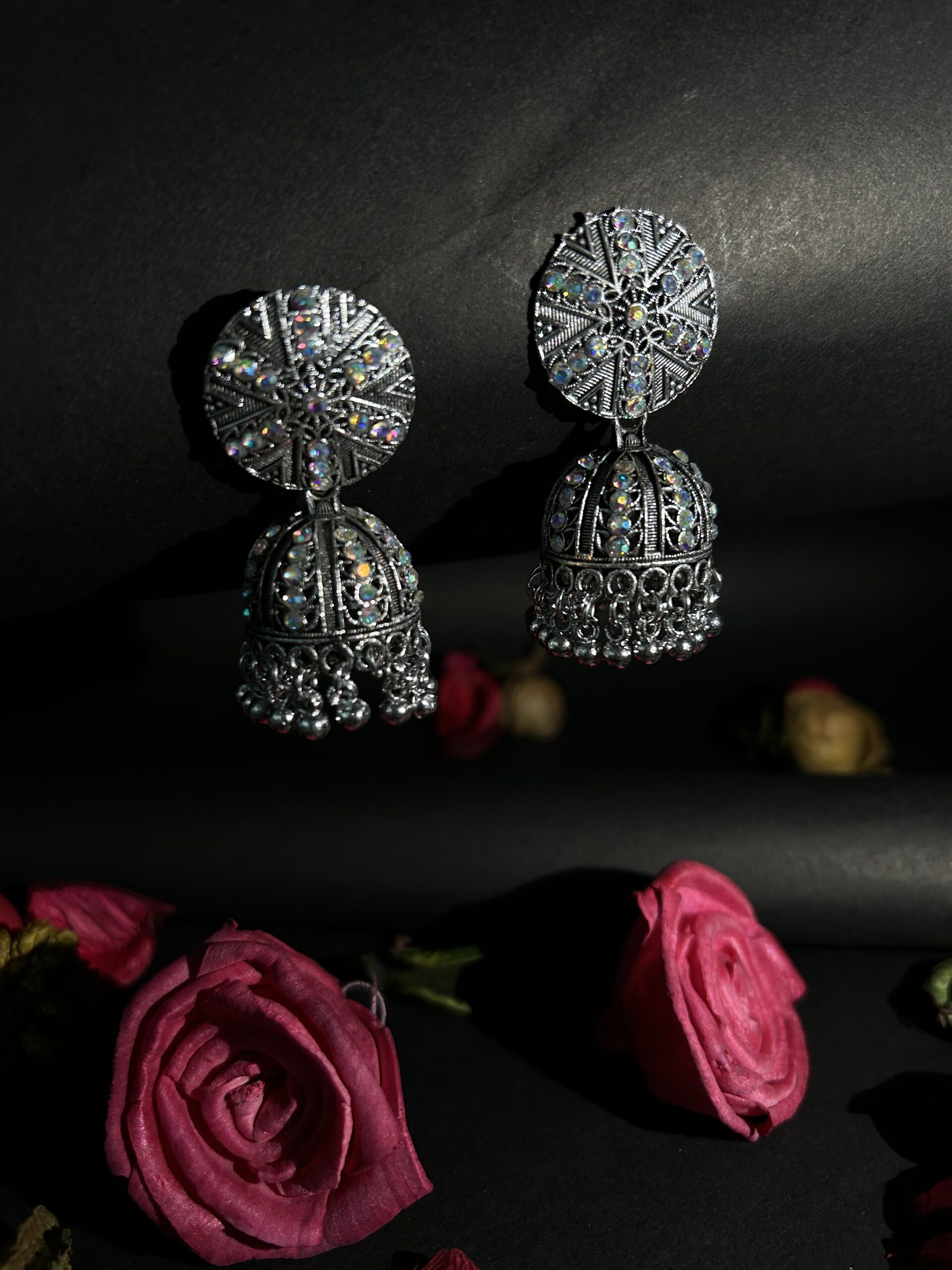 Bohemian Silver-Toned Oxidized Jhumkas with Multi-Color Stones