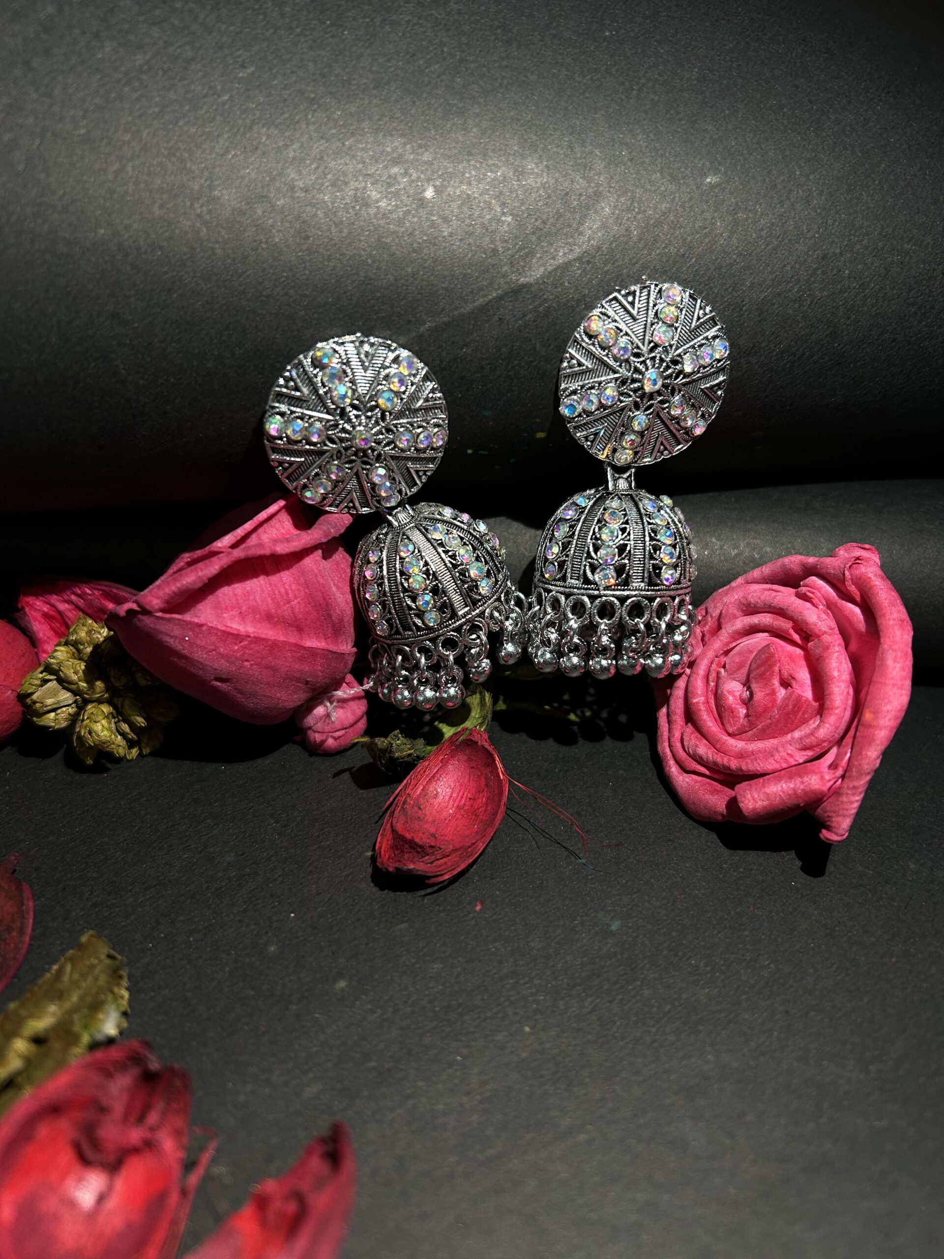 Bohemian Silver-Toned Oxidized Jhumkas with Multi-Color Stones - Image 2